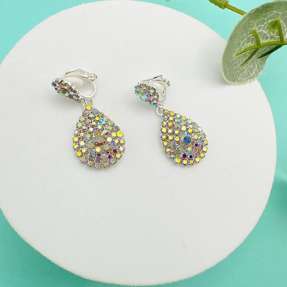 CLIP ON Small Pear Shape AB Color Rhinestone Earrings - Picture 1 of 10